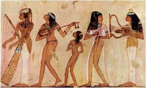 Egypt - EgyptianHarem-Harp,Lute,Dancer,DoublePipesLyre.jpg
